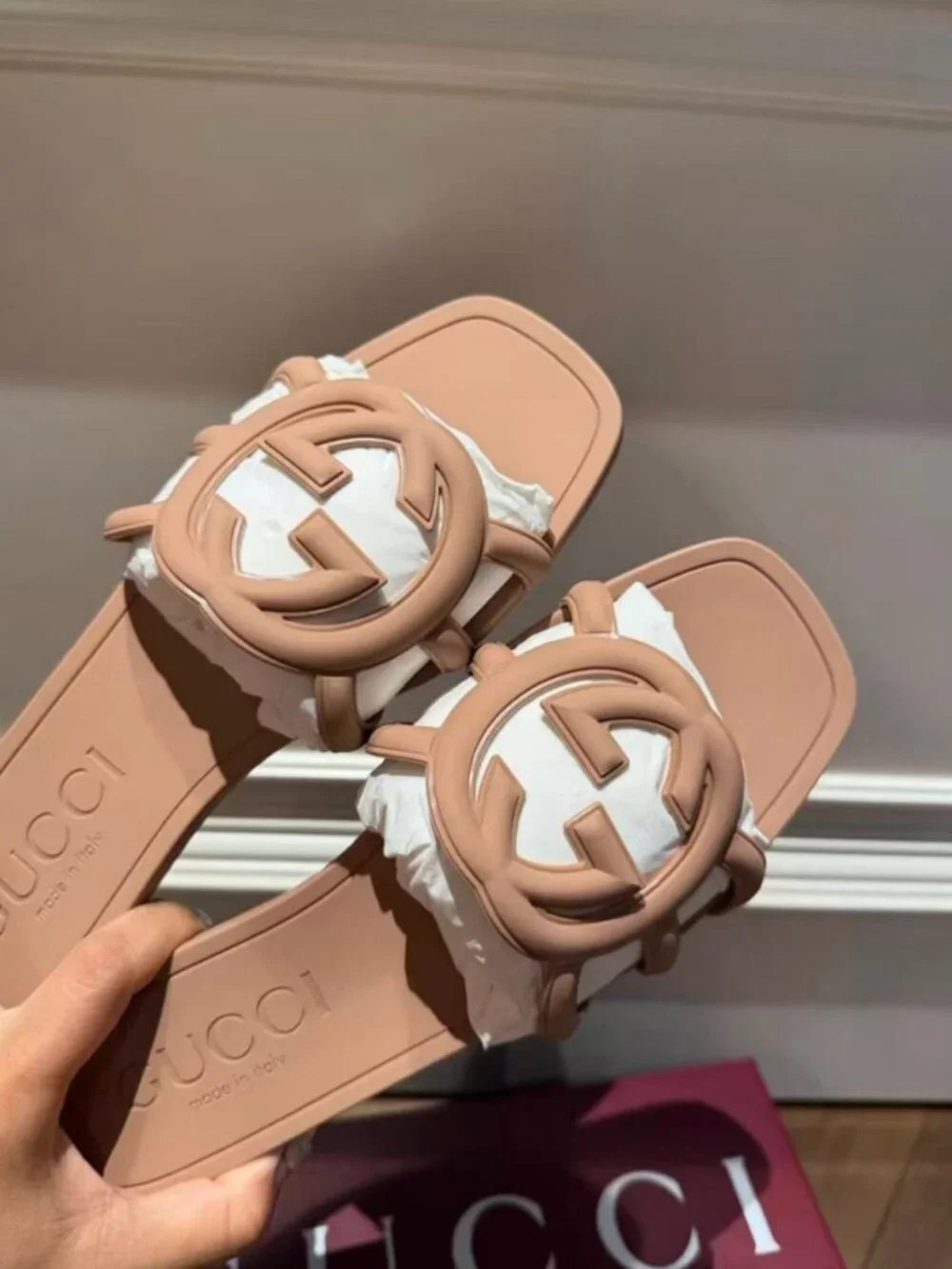 Gucci Smooth Leather Double G Logo Square Toe Slip On Mules